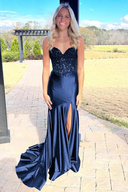 Sweetheart Beaded Applique Mermaid Prom Dress with Slit