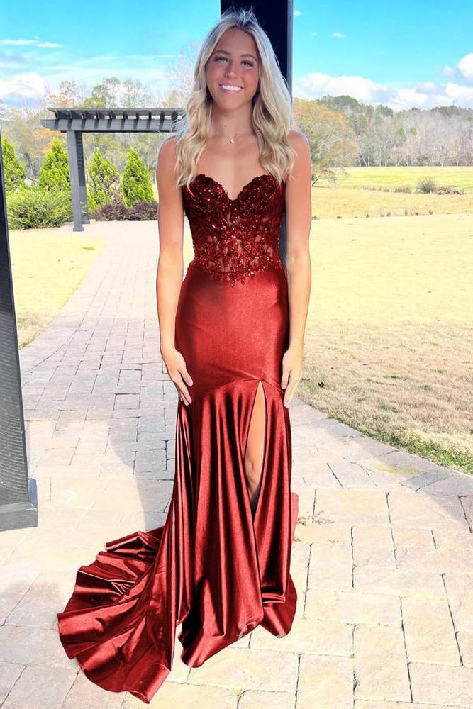 Sweetheart Beaded Applique Mermaid Prom Dress with Slit