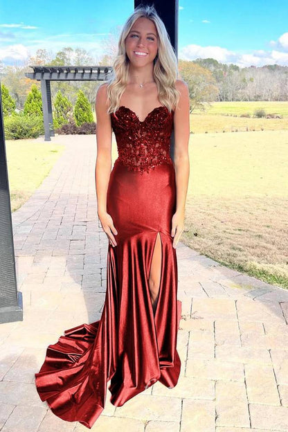 Sweetheart Beaded Applique Mermaid Prom Dress with Slit