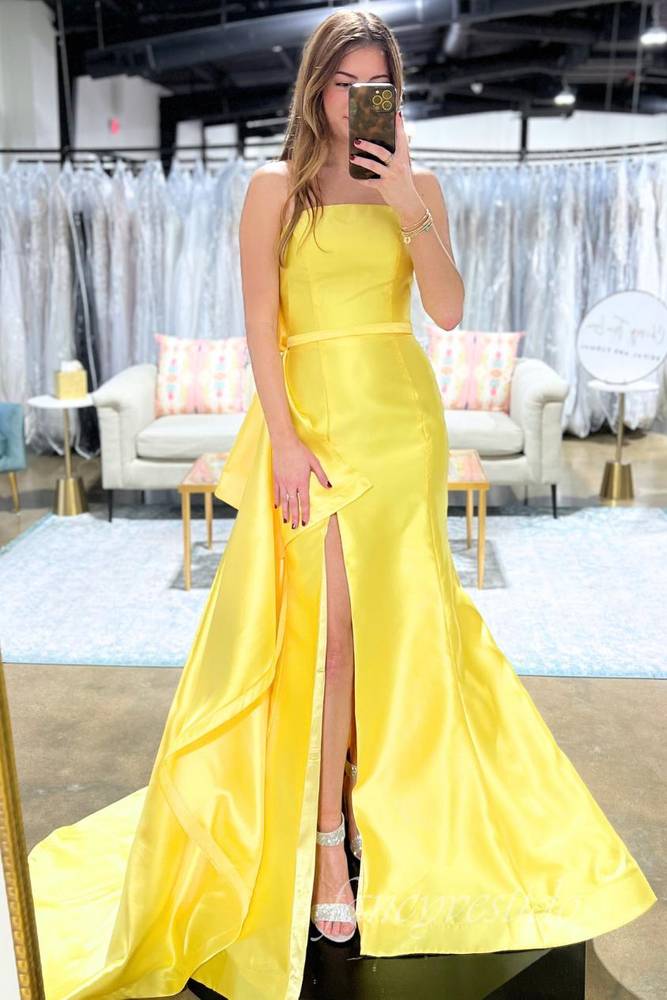 Strapless Satin Mermaid Slit Prom Dress with Bow Back