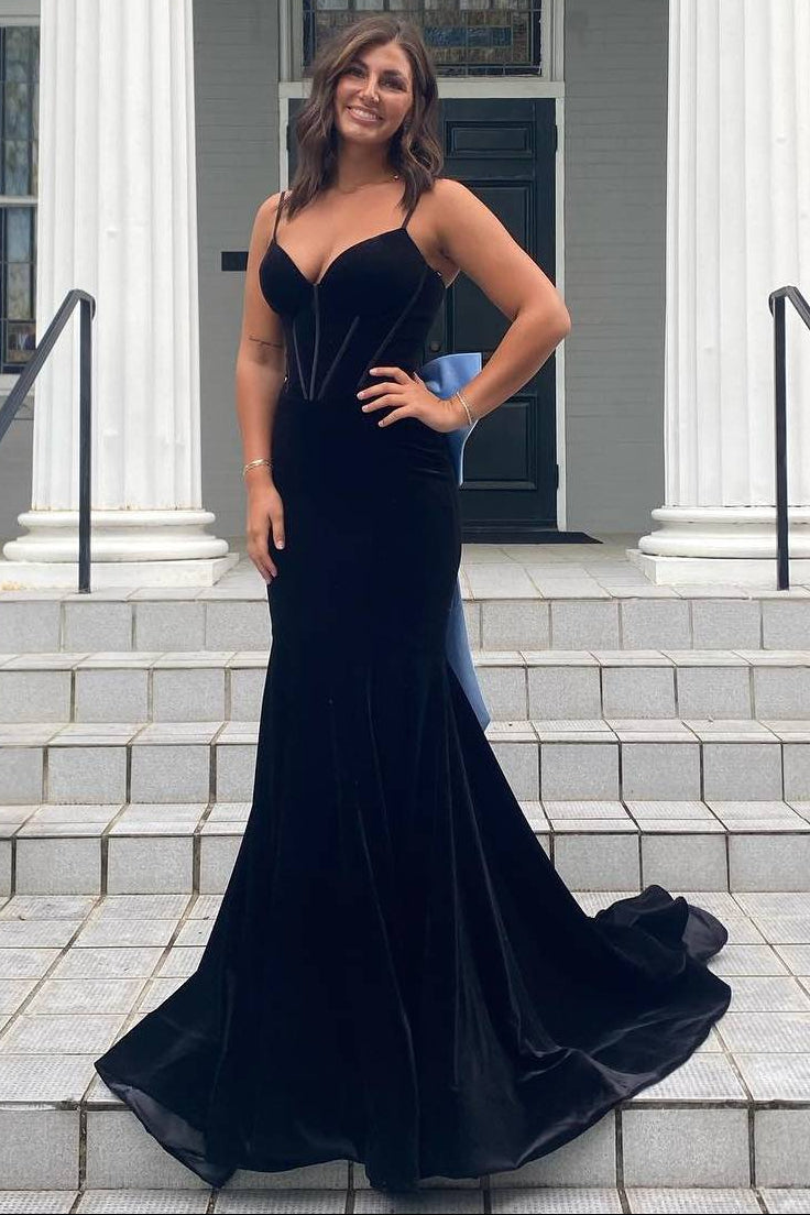 Elegant Straps Velvet Mermaid Prom Dress with Bow