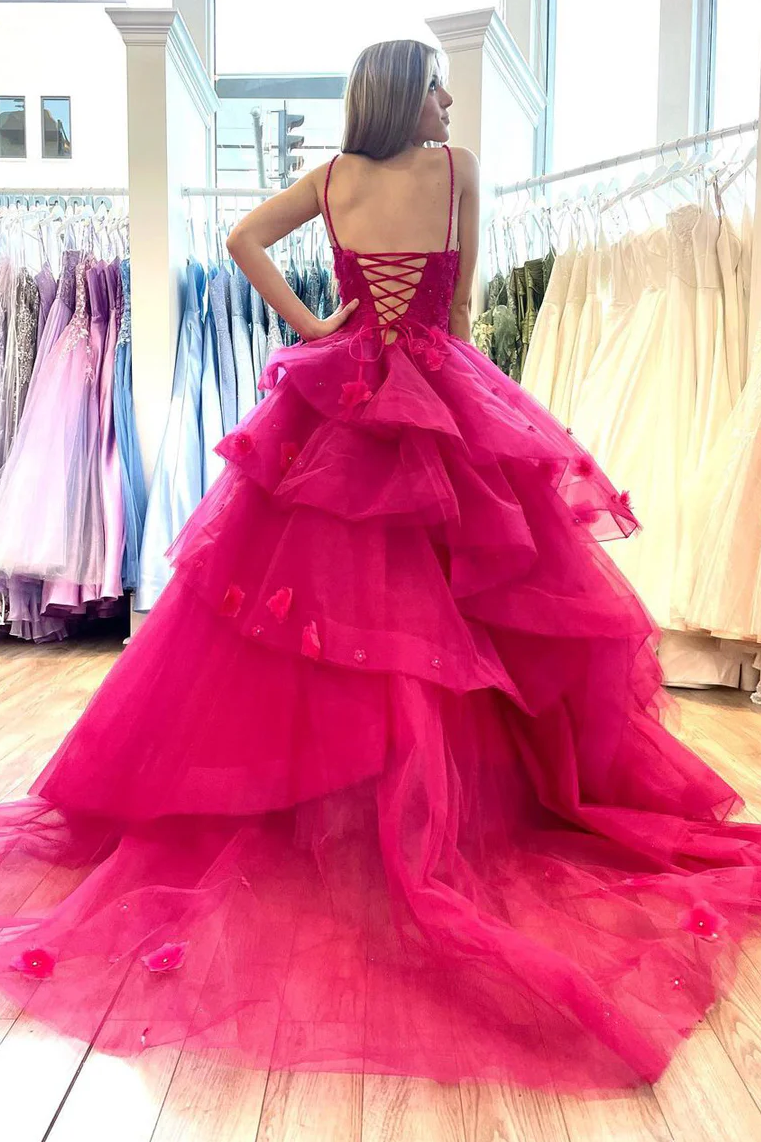 Straps V-Neck Corset Layered A-Line Prom Dress with Applique