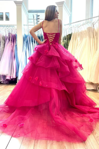 Straps V-Neck Corset Layered A-Line Prom Dress with Applique