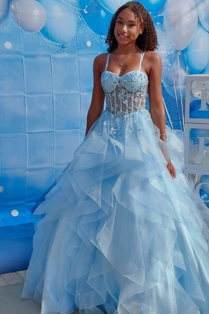 Spaghetti Straps Sweetheart 3D Floral Layered Ruffle Prom Dress