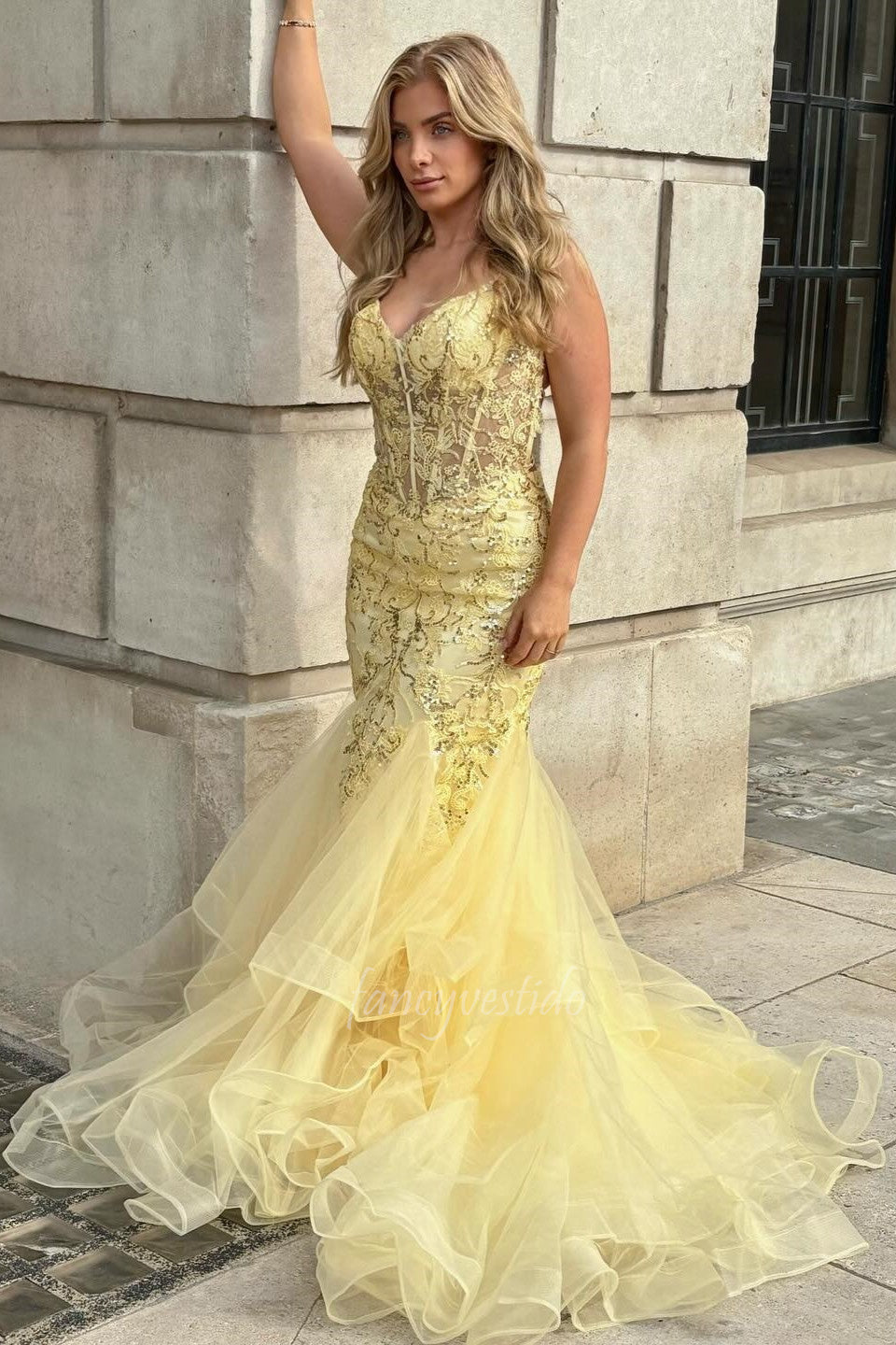 Stunning Yellow Lace Corset Ruffle Mermaid Prom Dress