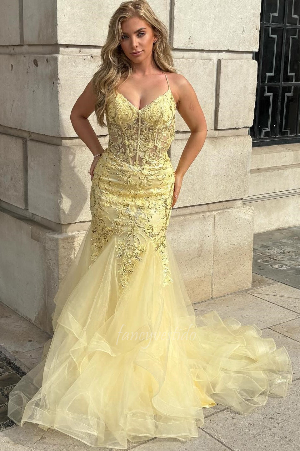 Stunning Yellow Lace Corset Ruffle Mermaid Prom Dress