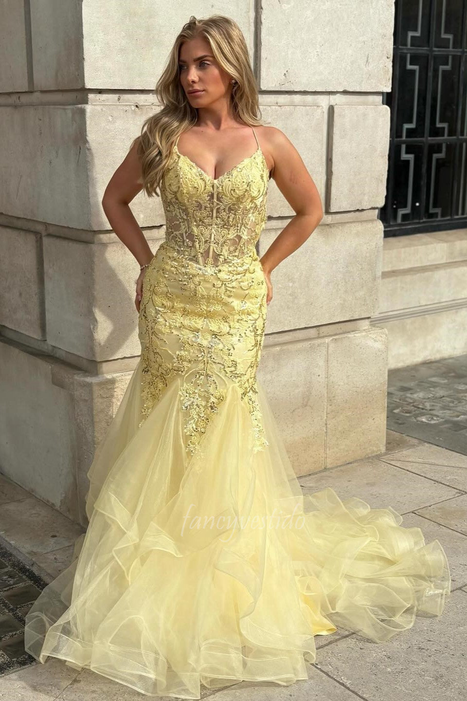 Stunning Yellow Lace Corset Ruffle Mermaid Prom Dress
