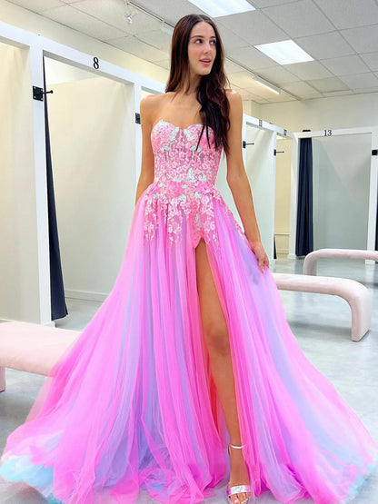 A-Line Sweetheart Pleated Tulle High Slit Party Gowns Off-Shoulder Sequined Applique Prom Dress