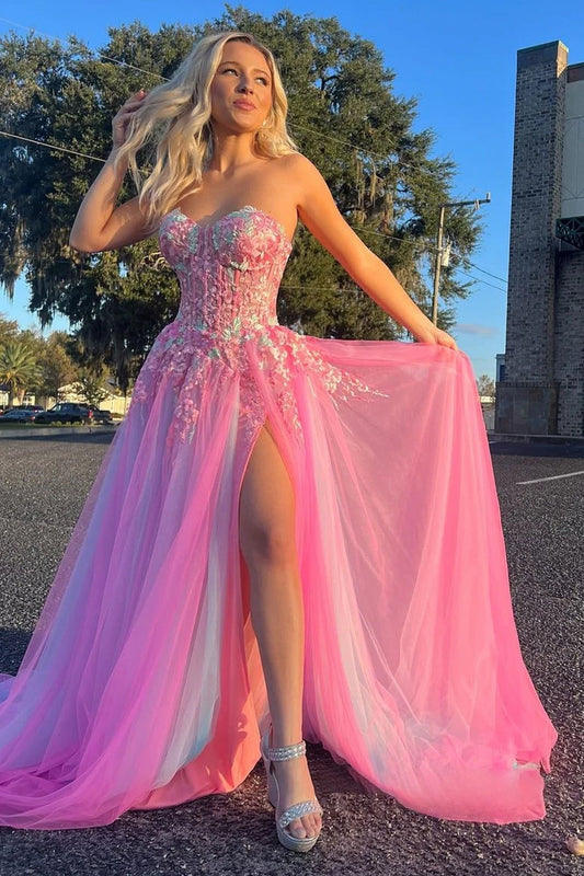 A-Line Sweetheart Pleated Tulle High Slit Party Gowns Off-Shoulder Sequined Applique Prom Dress
