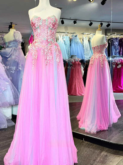 A-Line Sweetheart Pleated Tulle High Slit Party Gowns Off-Shoulder Sequined Applique Prom Dress