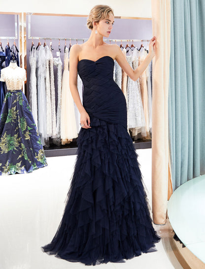 Dark Navy Strapless Sweetheart Tiered Maxi Mermaid evening dress
