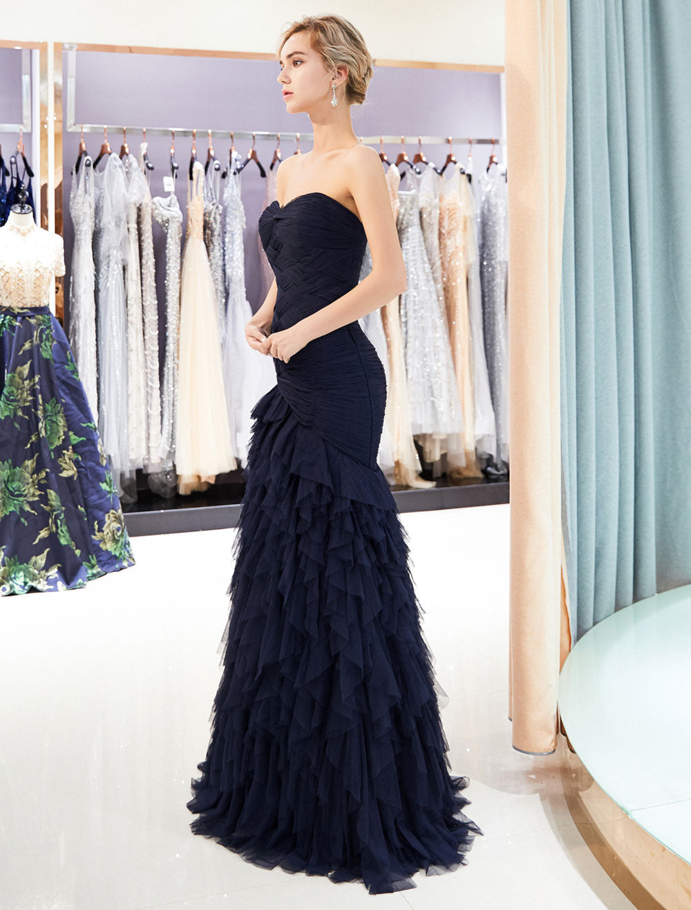 Dark Navy Strapless Sweetheart Tiered Maxi Mermaid evening dress
