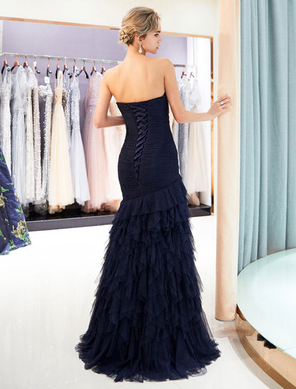 Dark Navy Strapless Sweetheart Tiered Maxi Mermaid evening dress