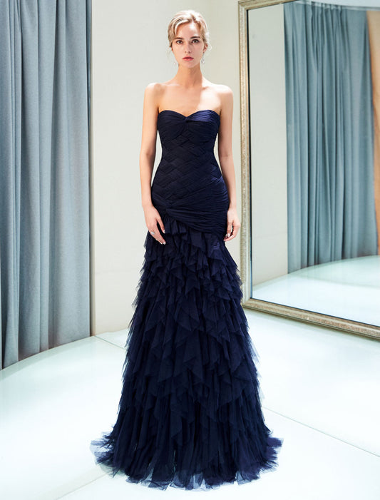 Dark Navy Strapless Sweetheart Tiered Maxi Mermaid evening dress