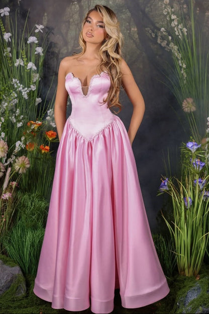Glamorous Pink V-Neck Strapless Sleeveless Satin Prom Dress