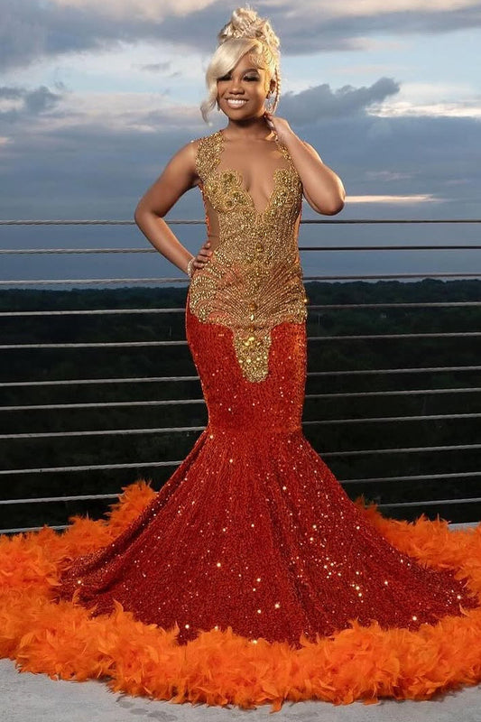 Gold appliques Orange Feathers Sequin Mermaid Long Prom Dress