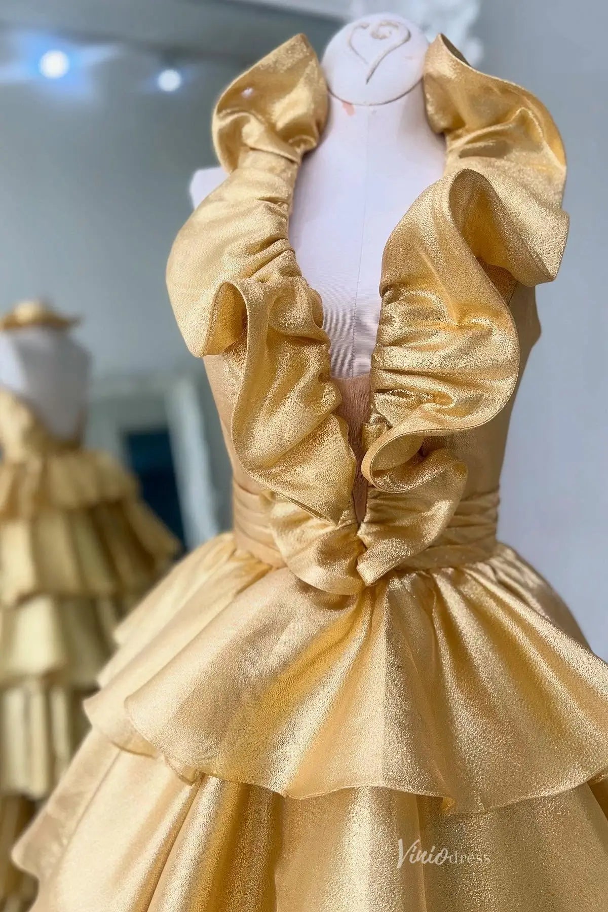 Gold Metallic Tiered Ruffle Prom Ball Gown