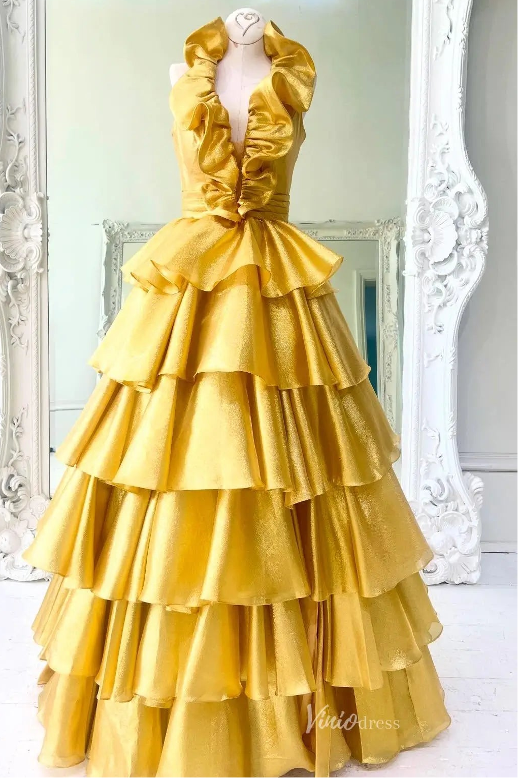 Gold Metallic Tiered Ruffle Prom Ball Gown