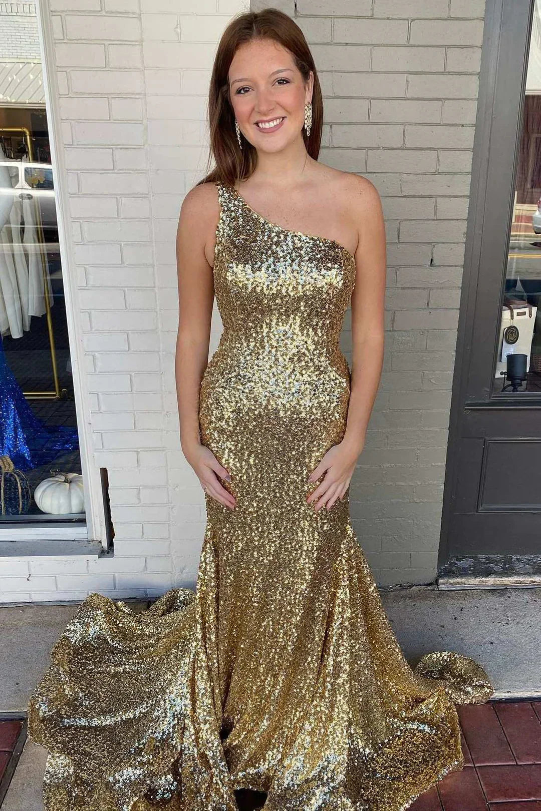 Gold Sequin Prom Dress One-Shoulder Trumpet Mermaid Maxi Dress