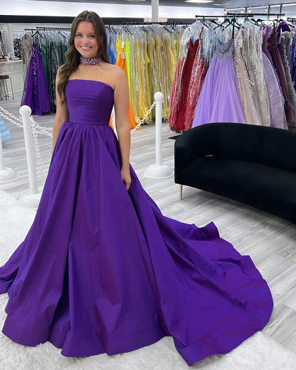 Gorgeous Strapless Satin Purple Prom Dress
