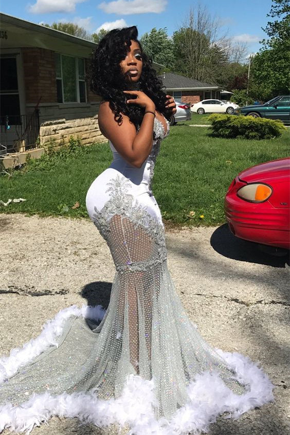 Halter Neck Mermaid Prom Dress UK with Appliques and Feathers