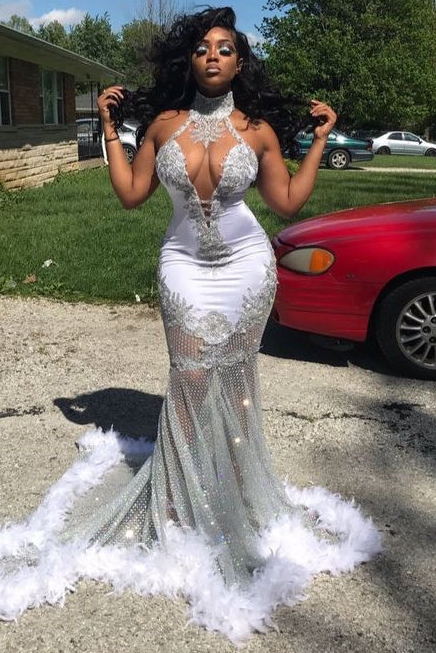 Halter Neck Mermaid Prom Dress UK with Appliques and Feathers