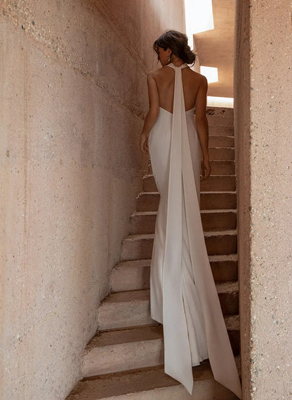 Halter Sleeveless Elastic Satin Wedding Dress Sweep Train Split Front