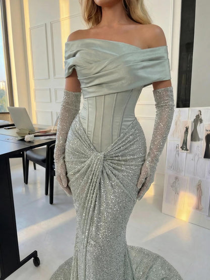 Elegant Green Off the Shoulder Sequins Floor-Length Evening Dress