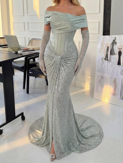 Elegant Green Off the Shoulder Sequins Floor-Length Evening Dress