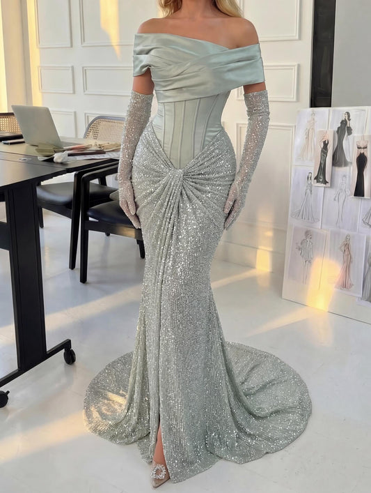 Elegant Green Off the Shoulder Sequins Floor-Length Evening Dress