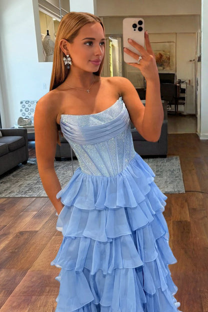 A Line Strapless Chiffon Beaded Corset Long Prom Dress With Slit