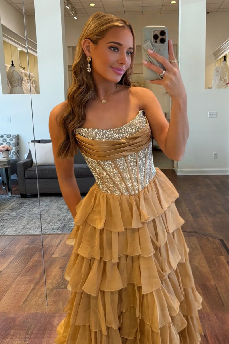 A Line Strapless Chiffon Beaded Corset Long Prom Dress With Slit