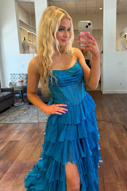 A Line Strapless Chiffon Beaded Corset Long Prom Dress With Slit