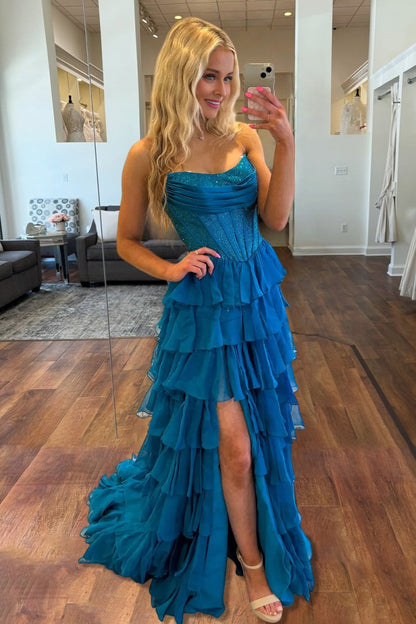 A Line Strapless Chiffon Beaded Corset Long Prom Dress With Slit