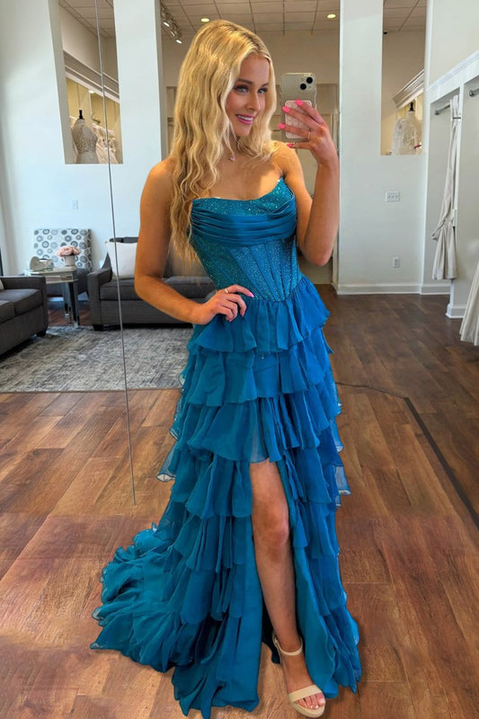 A Line Strapless Chiffon Beaded Corset Long Prom Dress With Slit