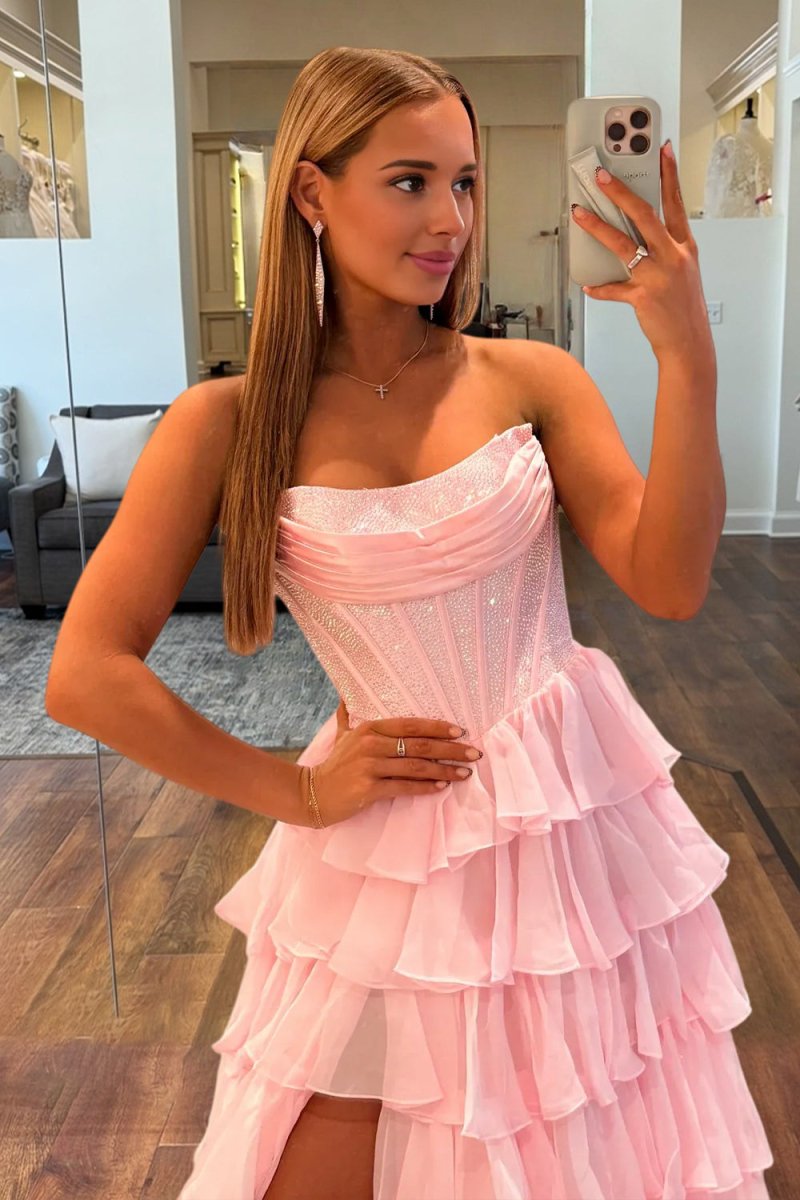 A Line Strapless Chiffon Beaded Corset Long Prom Dress With Slit