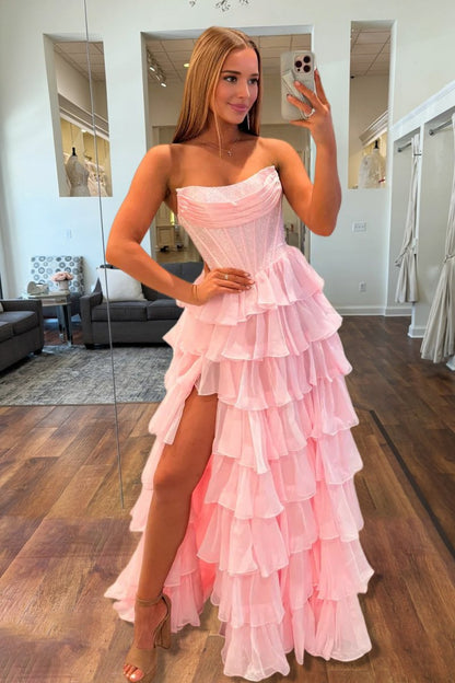 A Line Strapless Chiffon Beaded Corset Long Prom Dress With Slit