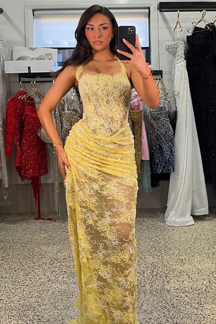 Sexy Yellow Halter Sleeveless Lace Mermaid Side Slit Prom Dress
