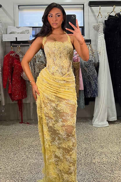 Sexy Yellow Halter Sleeveless Lace Mermaid Side Slit Prom Dress