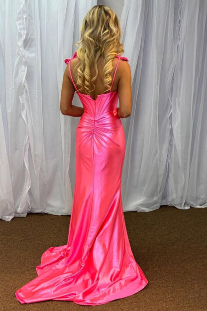 Hot Pink Satin Mermaid Prom Dress with Bow Straps
