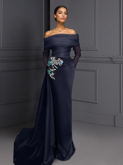 Applique Sparkle Off the Shoulder Long Sleeve Mermaid Evening Dress