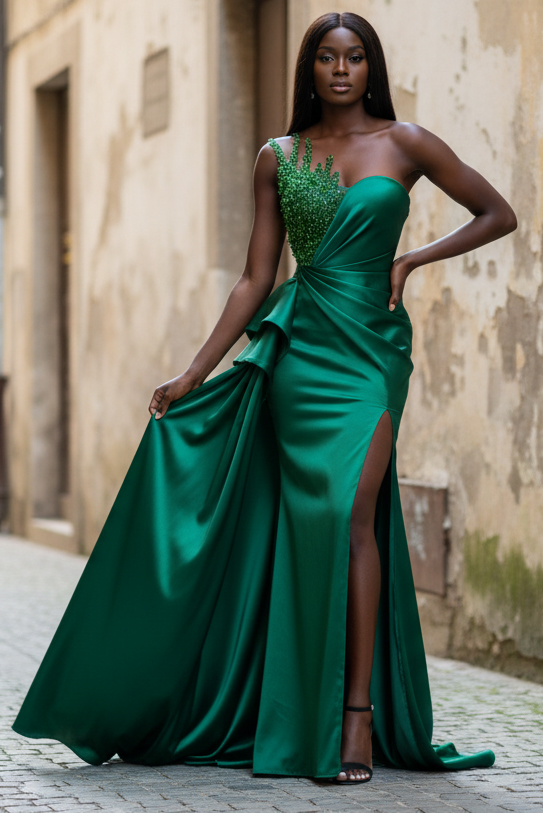 Striking Illusion Neck Beaded High Slit Pleats Long Prom Dress