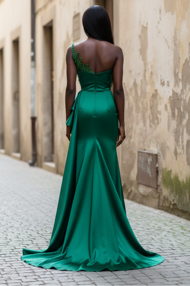 Striking Illusion Neck Beaded High Slit Pleats Long Prom Dress