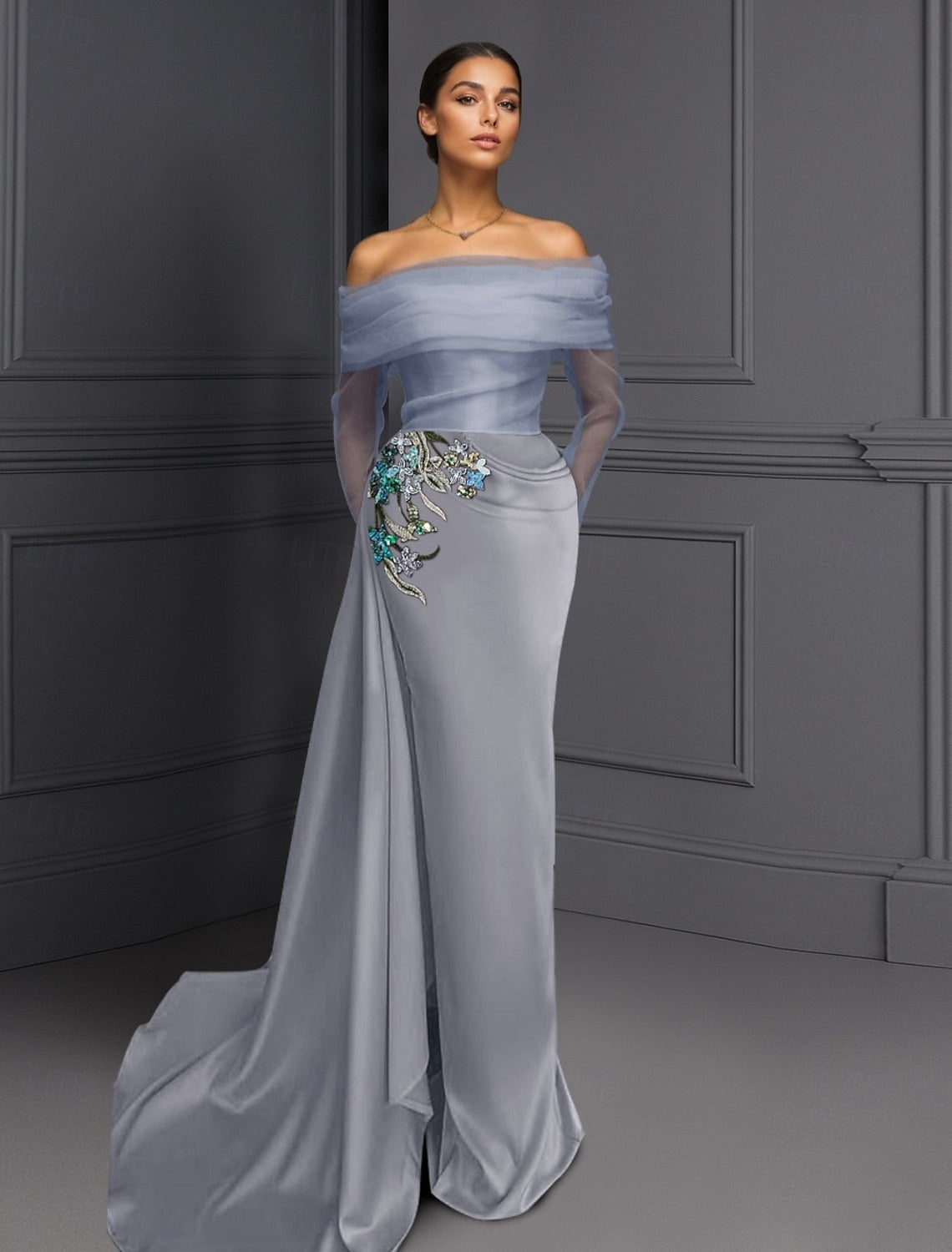 Applique Sparkle Off the Shoulder Long Sleeve Mermaid Evening Dress