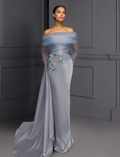 Applique Sparkle Off the Shoulder Long Sleeve Mermaid Evening Dress