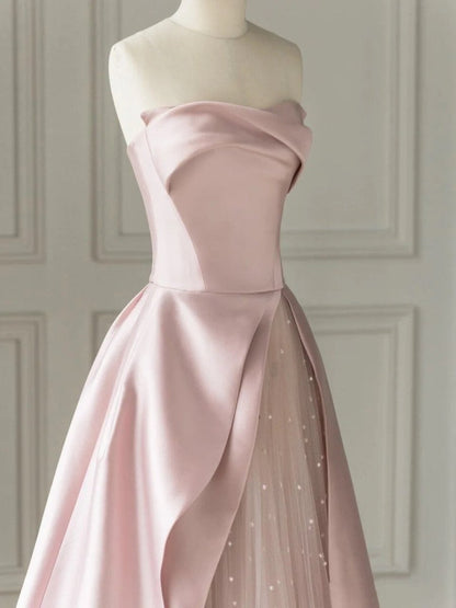 Pink Satin A-Line Floor-Length Evening Gown with Slit Strapless Prom Dress