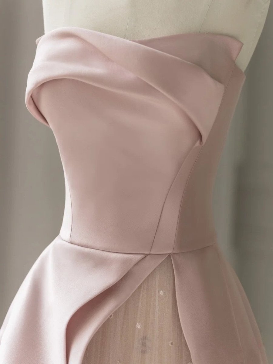 Pink Satin A-Line Floor-Length Evening Gown with Slit Strapless Prom Dress