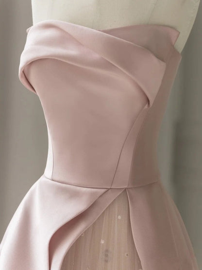 Pink Satin A-Line Floor-Length Evening Gown with Slit Strapless Prom Dress