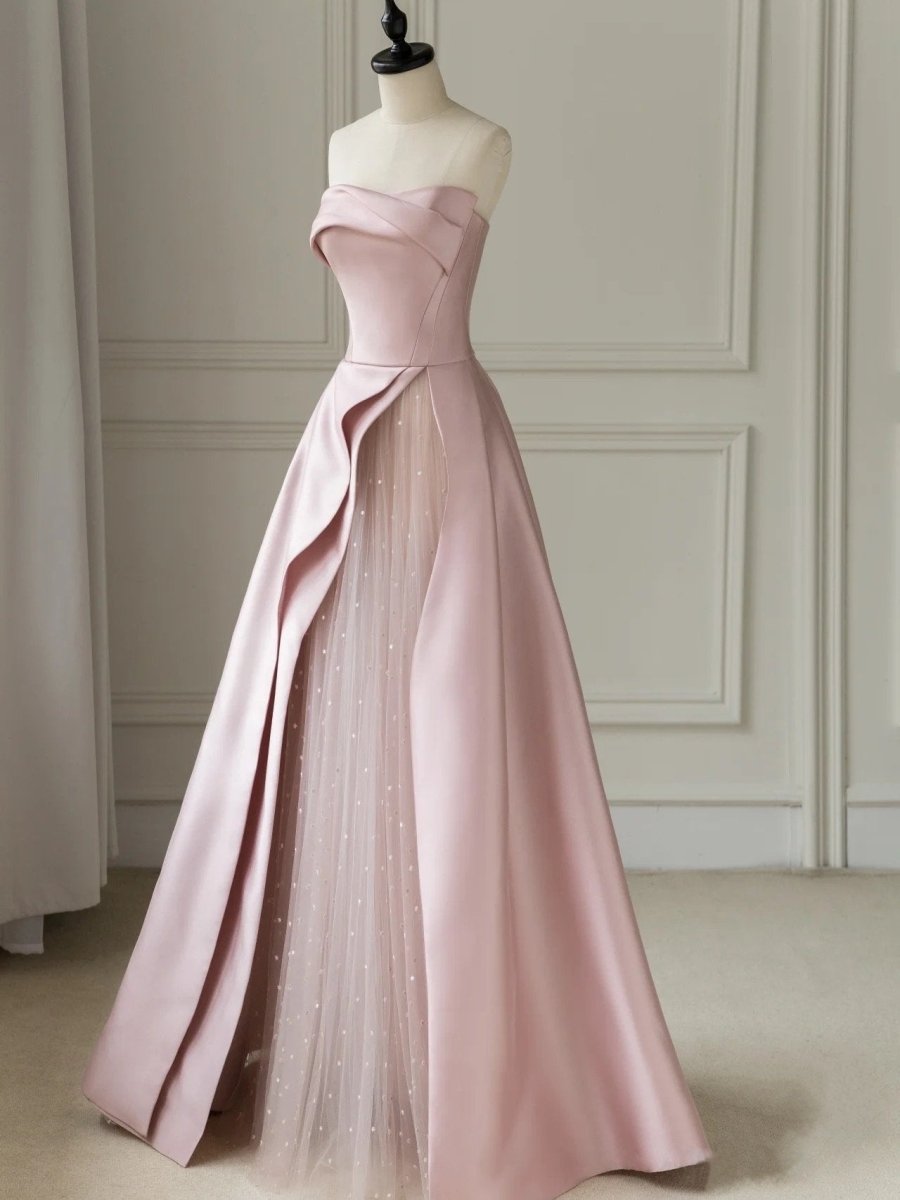 Pink Satin A-Line Floor-Length Evening Gown with Slit Strapless Prom Dress