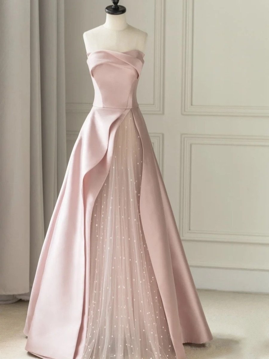 Pink Satin A-Line Floor-Length Evening Gown with Slit Strapless Prom Dress